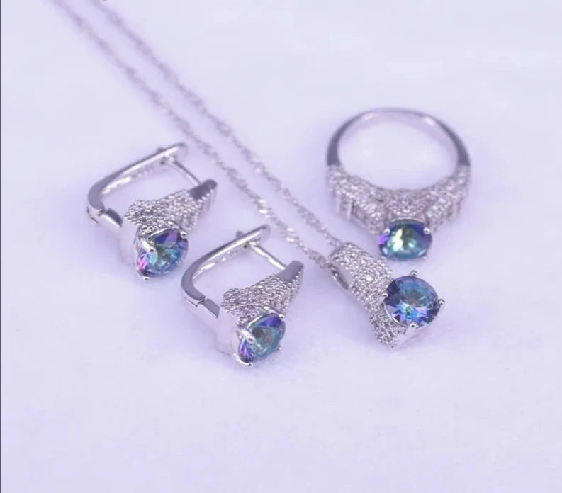 Rainbow Cubic Zirconia 925 Silver Bridal Set - Rings, Earrings, Bracelet & Necklace