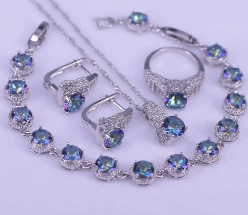 Rainbow Cubic Zirconia 925 Silver Bridal Set - Rings, Earrings, Bracelet & Necklace