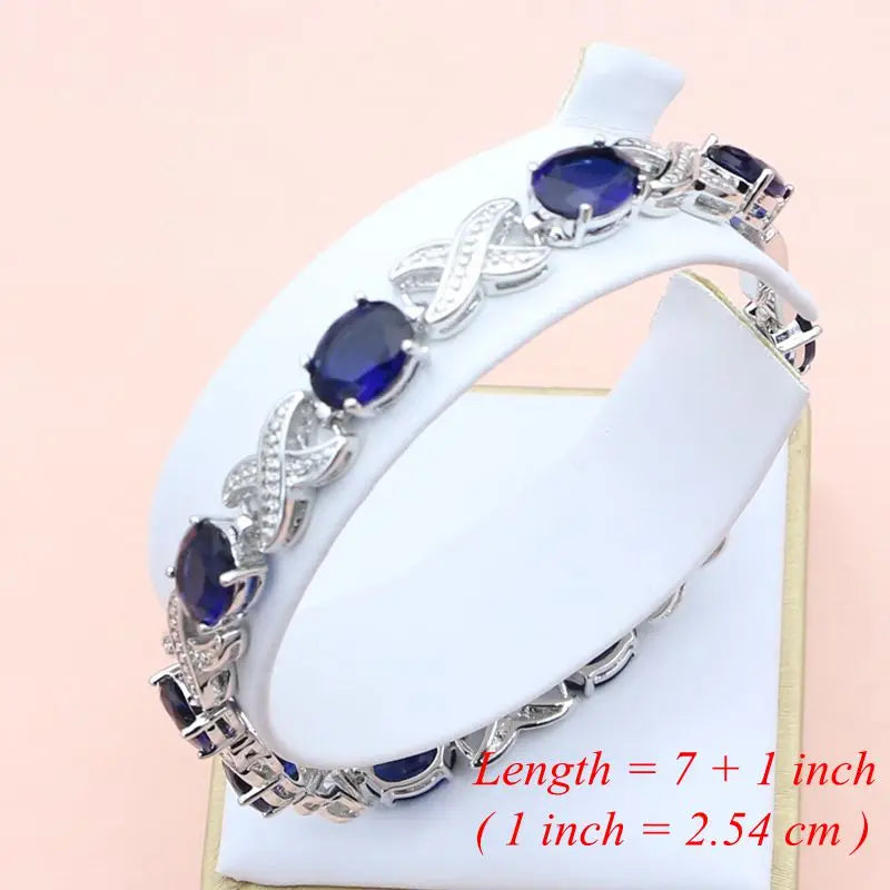 925 Silver Blue Sapphire Jewelry Set - Earrings, Ring, Bracelet & Necklace