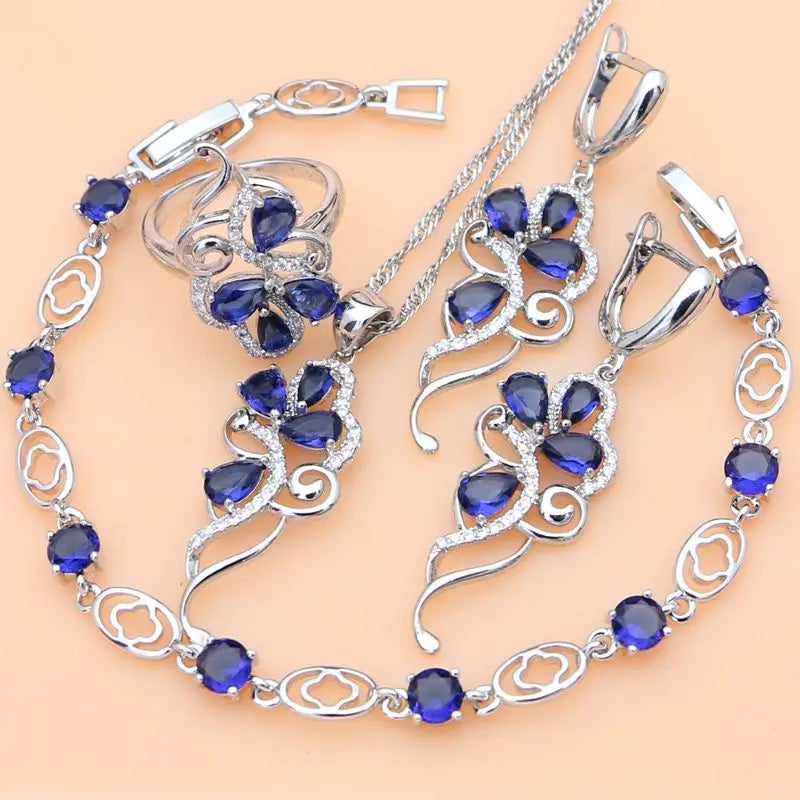 925 Silver Bridal Set - Blue Sapphire & Crystal Earrings, Ring, Bracelet & Necklace
