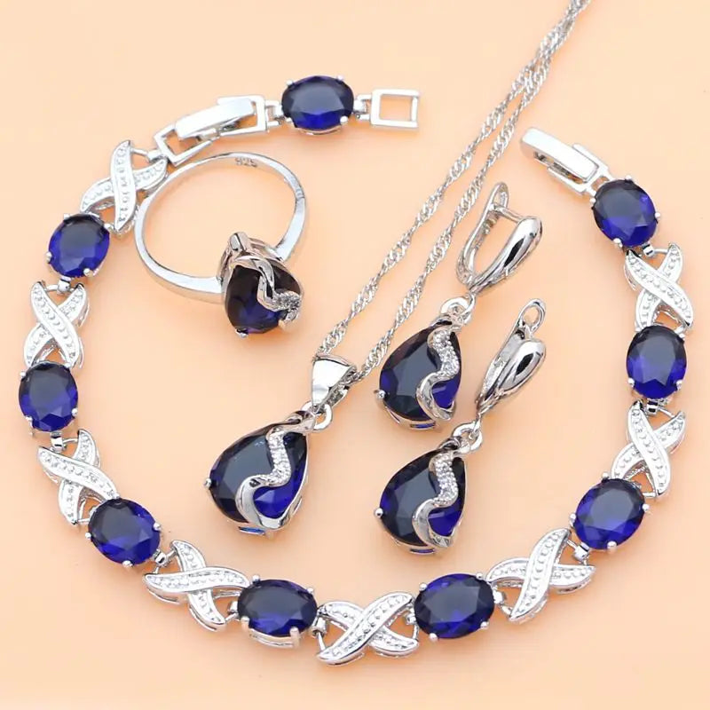 925 Silver Blue Sapphire Jewelry Set - Earrings, Ring, Bracelet & Necklace