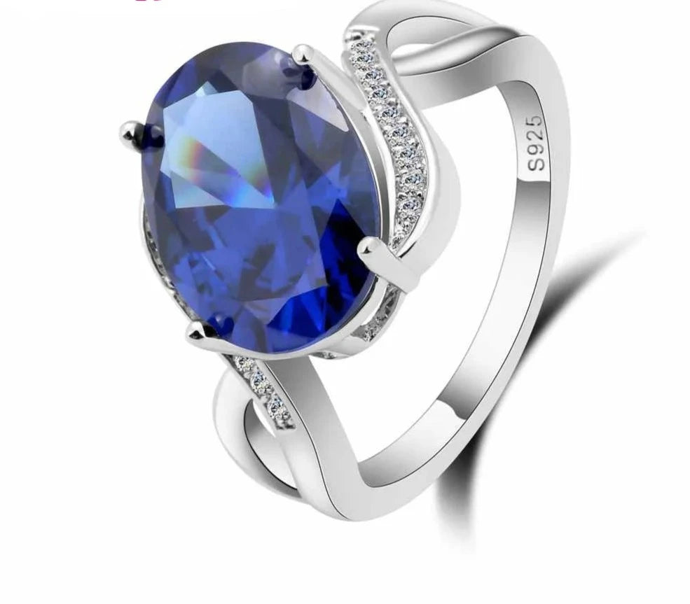 Oval Blue Zircon 925 Silver Ring - High-End Women's Costume Jewelry