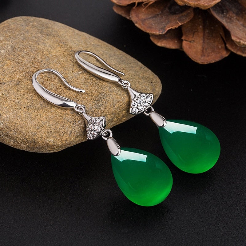 Natural Green Jade Water Drop Earring - Fashion Silver London - Drop Earring - Earring - Silver earrings