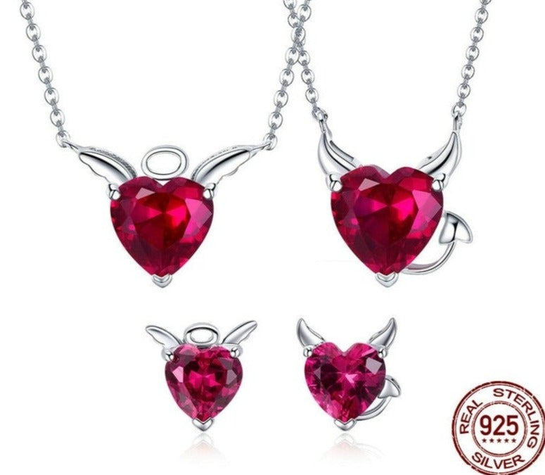 Red Evil And Angel Pendant Necklace Earrings Set - Fashion Silver London - -